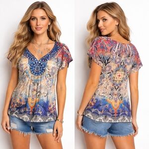 Y2K Festival Top Womens Large Multicolor Empire Sequin Bling Short Sleeve Shirt